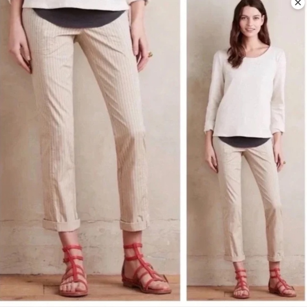 Hei Hei | Anthro | Beige Pinstripe Pants | Double Button Stretch Trouser | 29
